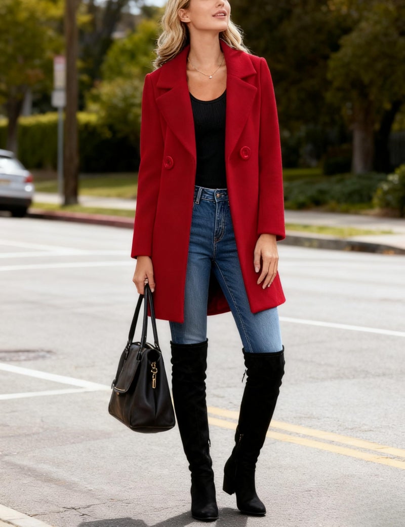 Omoone Women's Long Sleeve Slim Fit Warm Winter Wool Blend Pea Coat Overcoat(1056-Red-XL) - Image 4